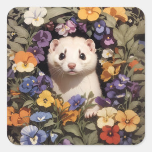 Cute Ferret Nestled In Pansies Garden Square Sticker