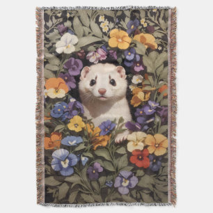 Cute Ferret Nestled In Pansies Garden Throw Blanket