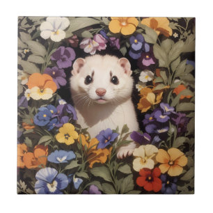 Cute Ferret Nestled In Pansies Garden Tile