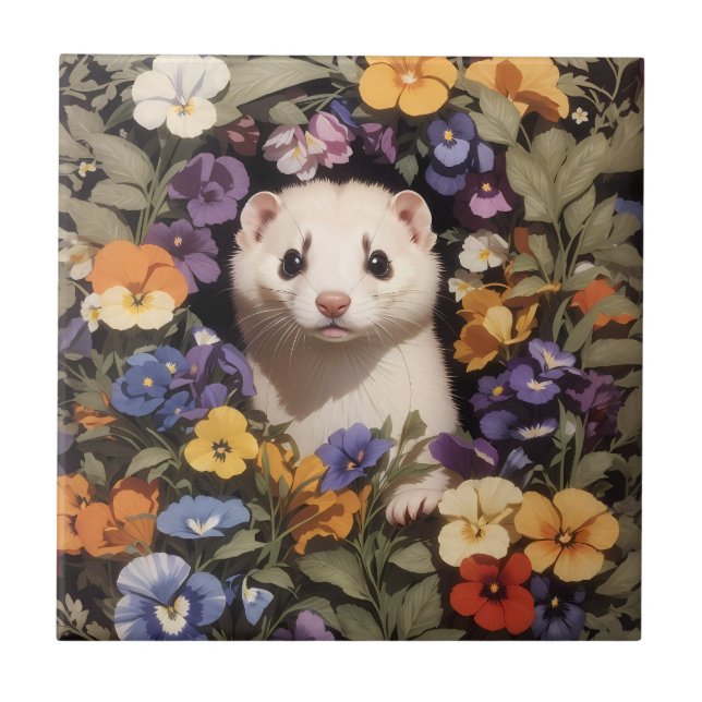Cute Ferret Nestled In Pansies Garden Tile (Front)