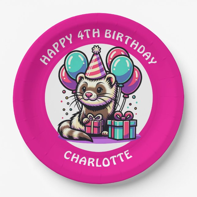 Cute Ferret Themed Girl's Birthday Personalised Paper Plate (Front)