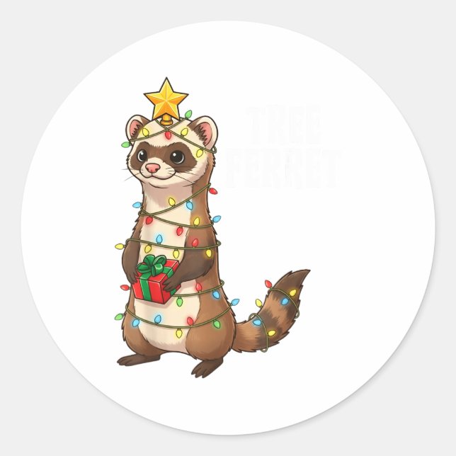 Cute Ferret Wrapped In Christmas Lights Holiday Xm Classic Round Sticker (Front)