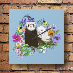 Cute Ferrets Floral Square Wall Clock