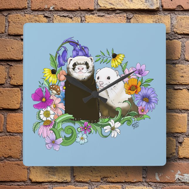 Cute Ferrets Floral Square Wall Clock (Creator Uploaded)