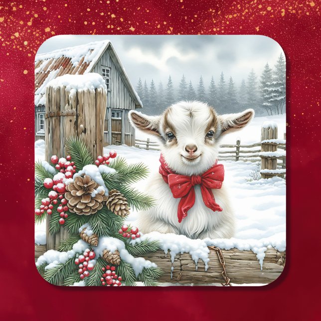 Cute Festive Baby Goat on the Farm Christmas Square Sticker (Creator Uploaded)