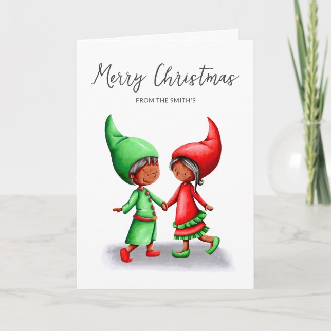 Cute Festive Black Elves Merry Christmas  Card (Front)