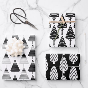 Cute Festive Black White Christmas Holiday Trees  Wrapping Paper Sheet