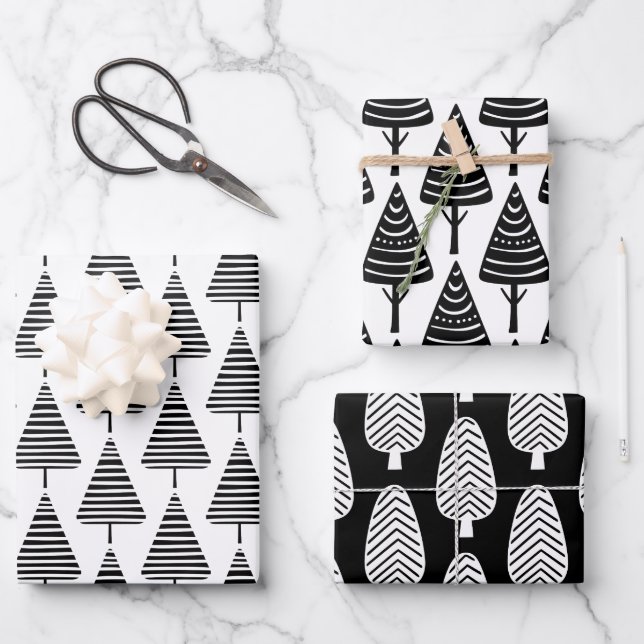 Cute Festive Black White Christmas Holiday Trees  Wrapping Paper Sheet (Front)