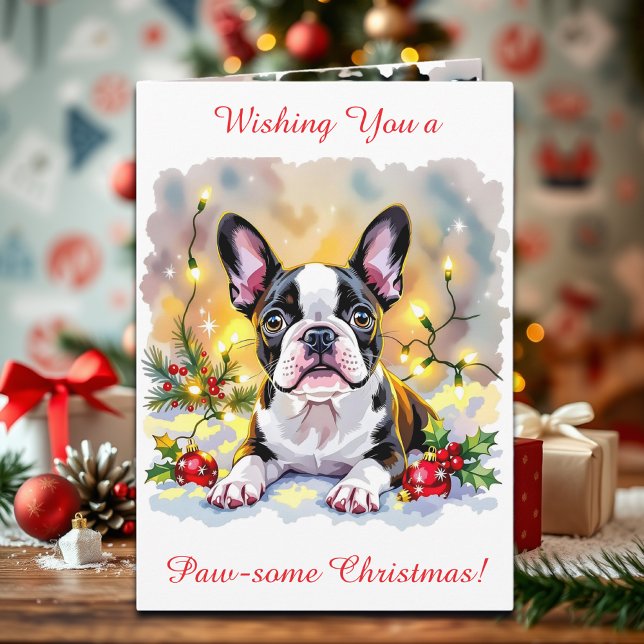 Cute Festive Boston Terrier Personalized Christmas Holiday Card (Creator Uploaded)