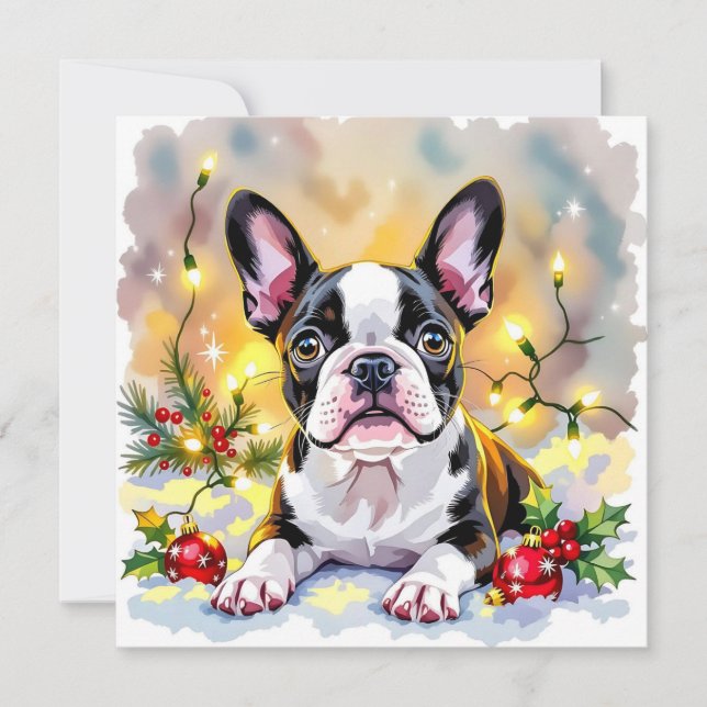 Cute Festive Boston Terrier Personalized Christmas Holiday Card (Front)