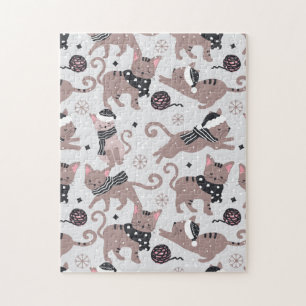 Cute Festive Cat Christmas Pattern Jigsaw Puzzle