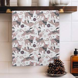 Cute Festive Cat Christmas Pattern Tea Towel
