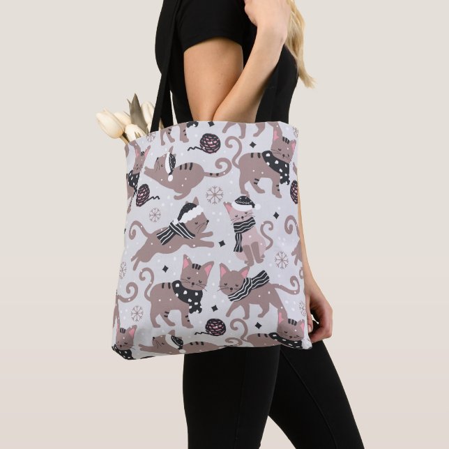 Cute Festive Cat Christmas Pattern Tote Bag (Close Up)