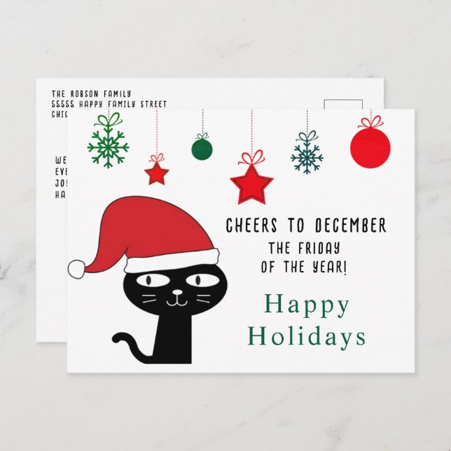 Cute Festive Cat with a Red Santa Hat Modern  Holiday Postcard (Front/Back)