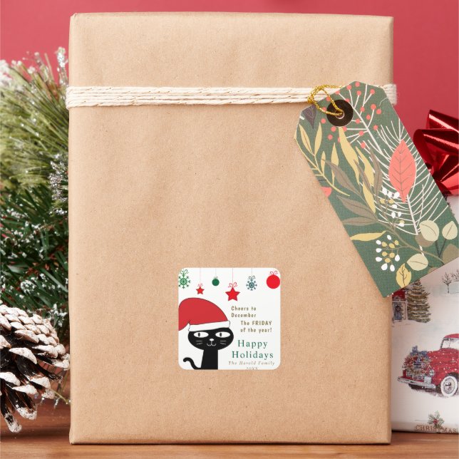 Cute Festive Cat with a Red Santa Hat Modern  Square Sticker (Holiday)