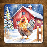 Cute Festive Chicken Christmas  Coaster<br><div class="desc">Cute Christmas coaster with a watercolor style chicken standing by a rustic wood fence in front of a barn.</div>