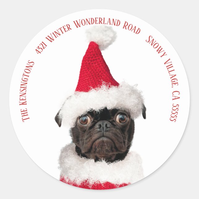 Cute Festive Christmas Black Pug Puppy Santa Classic Round Sticker (Front)