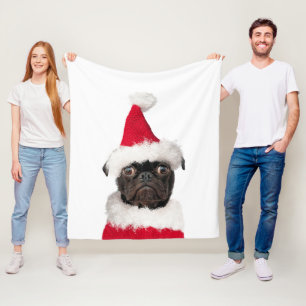 Cute Festive Christmas Black Pug Santa Hat Fleece Blanket