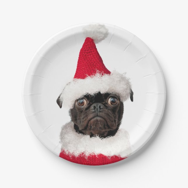 Cute Festive Christmas Black Pug Santa Hat Paper Plate (Front)