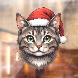 Cute Festive Christmas Cat with Santa Hat Window Cling