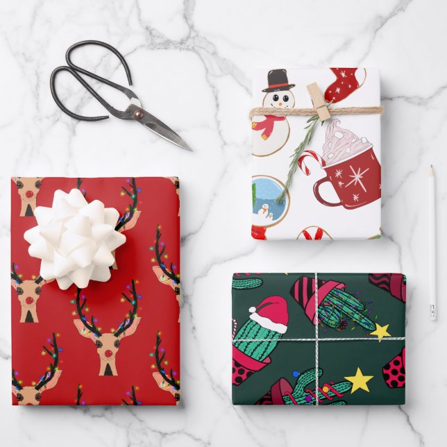 Cute Festive Christmas Character Illustration Pack Wrapping Paper Sheet (Front)
