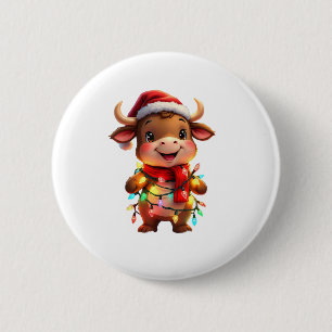 Cute Festive Christmas Cow with Holiday Lights Kid 6 Cm Round Badge