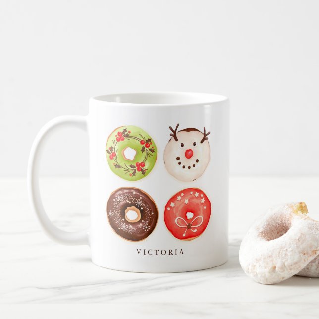 Cute Festive Christmas Doughnuts Personalised Coffee Mug (With Donut)