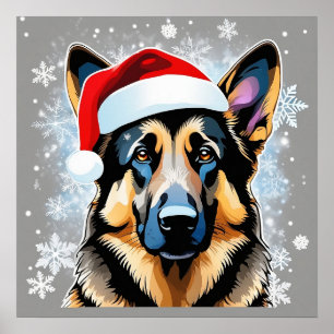 Cute Festive Christmas German Shepherd Dog in Snow Poster
