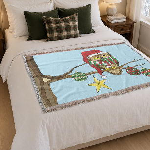 Cute Festive Christmas Owl Holiday Tree Throw Blanket