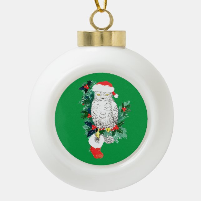 Cute Festive Christmas Owl Stocking and Tree Ceramic Ball Christmas Ornament (Front)