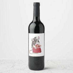 Cute Festive Christmas rat Wine Label
