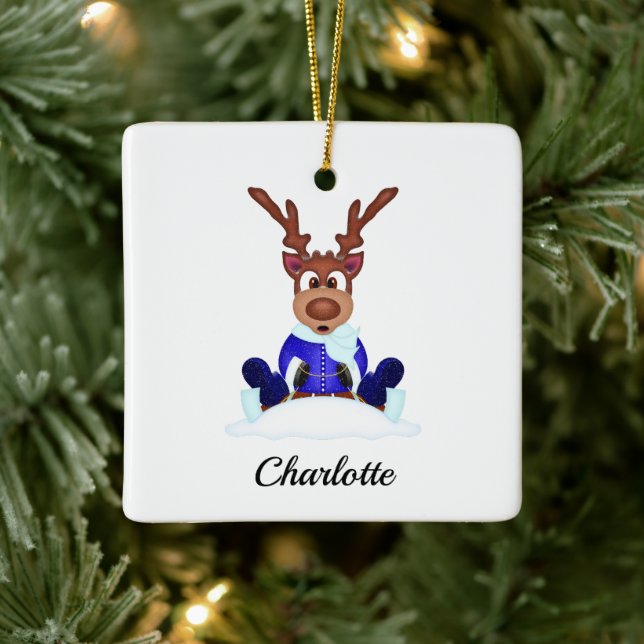 Cute Festive Christmas Reindeer Customised Ceramic Ornament (Tree)