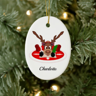 Cute Festive Christmas Reindeer Customised Ceramic Tree Decoration