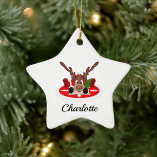 Cute Festive Christmas Reindeer Customised Ceramic Tree Decoration