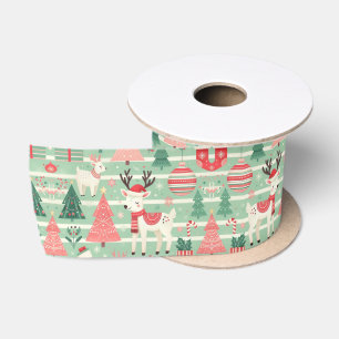 Cute Festive Christmas Reindeer Pattern Green Satin Ribbon