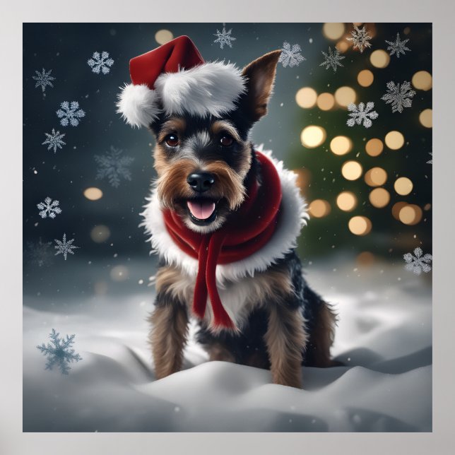 Cute Festive Christmas Terrier Dog with Santa Hat  Poster (Front)