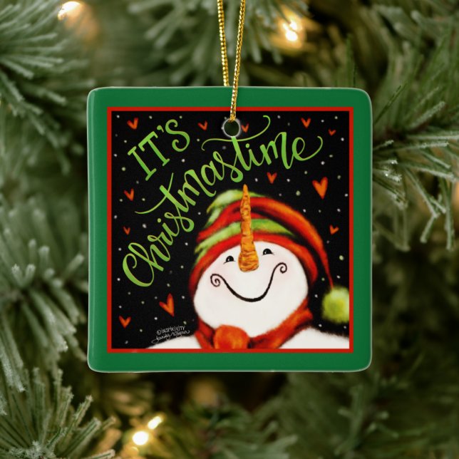 Cute Festive Christmastime Snowman  Ceramic Ornament (Tree)