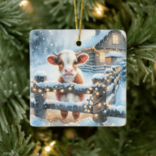 Cute Festive Cow Christmas Personalised Ceramic Ornament
