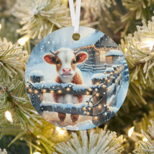Cute Festive Cow Christmas Personalised Metal Tree Decoration