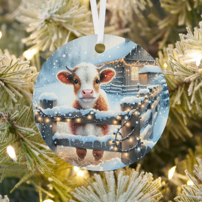 Cute Festive Cow Christmas Personalised Metal Tree Decoration (Insitu)