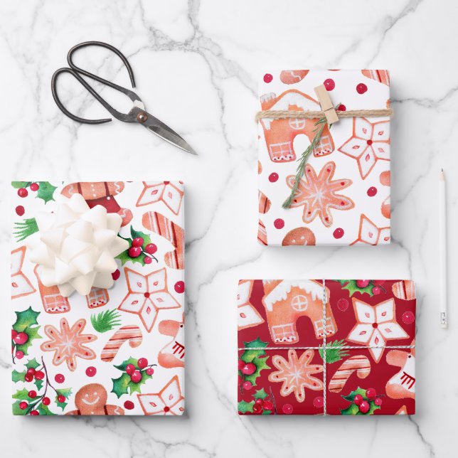 Cute Festive Gingerbread Cookie Christmas Wrapping Paper Sheet (Front)