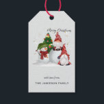 Cute Festive Gnomes and Snowman Merry Christmas  Gift Tags<br><div class="desc">A lovey Christmas holiday gift tag, perfect for the festive season. Featuring two gnomes, with one sitting on a large snowball, a happy snowman and Christmas tree, the script text above reads "Merry Chritmas". Underneath, in modern typography you can customise the gift tag with your family name using the Personalise...</div>