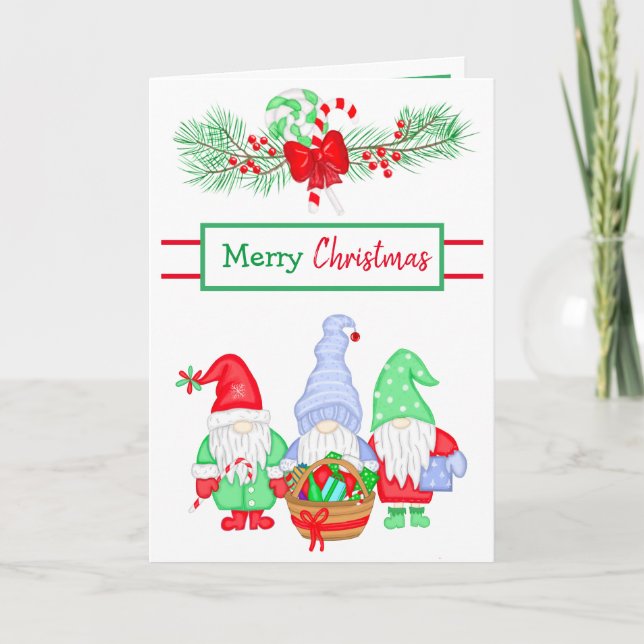 Cute Festive Gnomes Holiday Christmas Card (Front)
