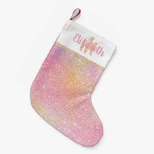 Cute festive gold pink glitter monogram Christmas Small Christmas Stocking