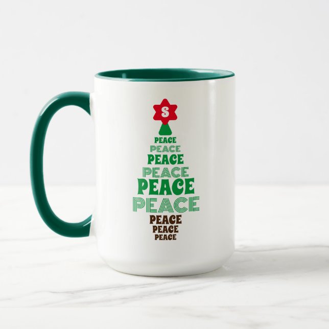 Cute Festive Green Peace Tree Initial in Red Star Mug (Left)