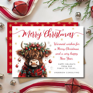 Cute Festive Highland Cow Merry Christmas Business Holiday Card
