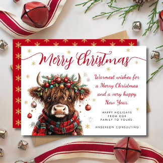 Cute Festive Highland Cow Merry Christmas Business Holiday Card