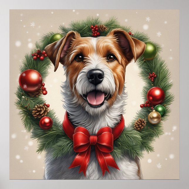 Cute Festive Holiday Christmas Terrier Dog Wreath  Poster (Front)