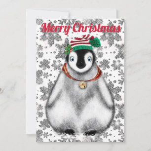 Cute festive holiday Penguin glitter snowflakes Card