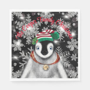 Cute festive holiday Penguin glitter snowflakes  Napkin